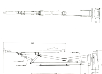 パンタグラフブーム（ガイドレールが平行移動するので、孔尻の角度を揃えたさく孔が可能